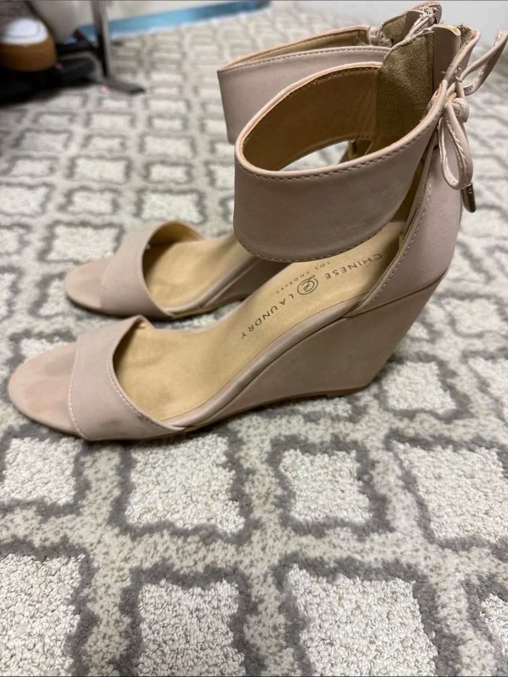 Chinese Laundry Nude Blush Wedge Sandals with Ankle Tie